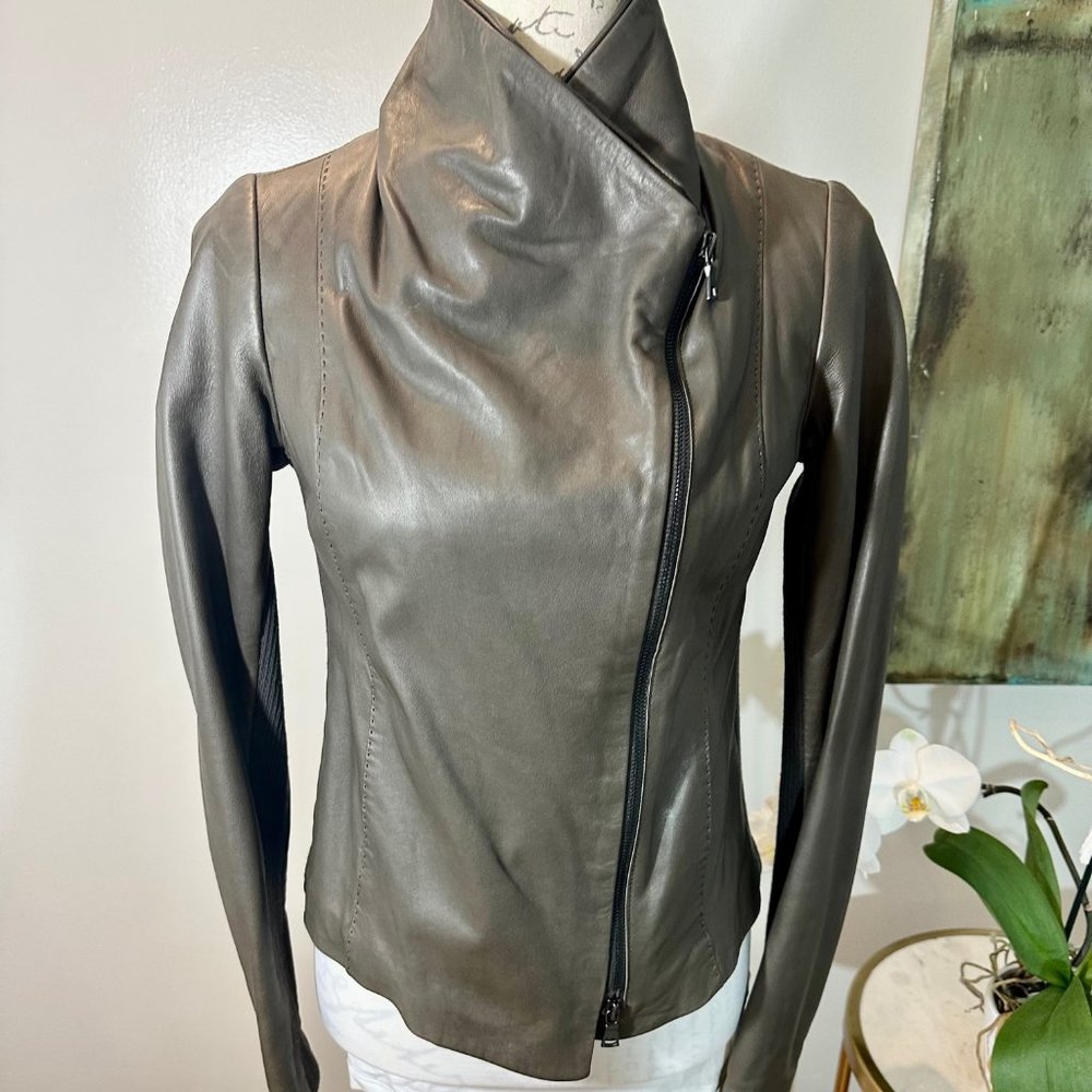 Vince Leather Olive Green Biker Jacket- S